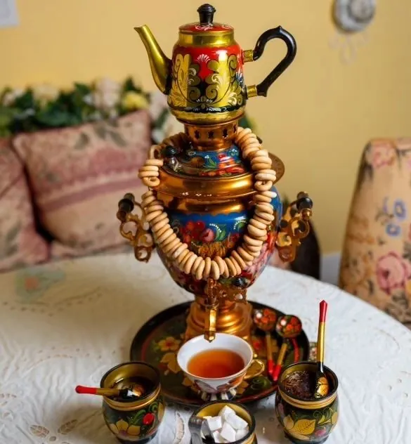 Traditional gold samovar and a teacup at The Tea Terrace
